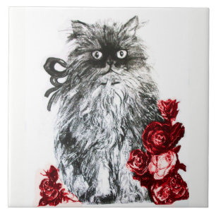 AZULEJO GATO KITTY, KITTEN CON ROSAS ROJAS BLANCAS