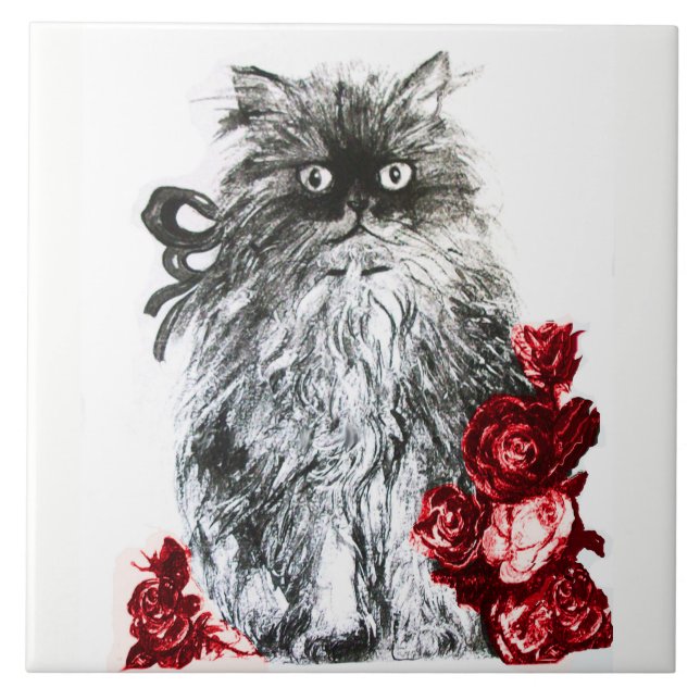 AZULEJO GATO KITTY, KITTEN CON ROSAS ROJAS BLANCAS (Frente)