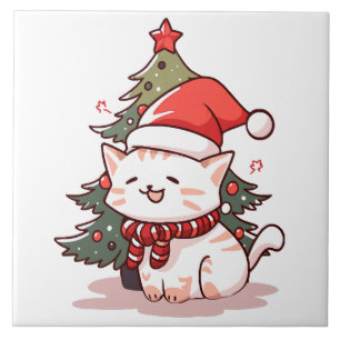Azulejo Gato lindo con sombrero de Santa cerca del árbol d