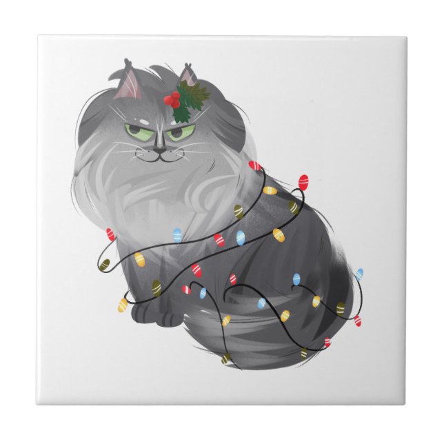 Azulejo Gato Maine Coon con decoraciones de Navidad (Frente)
