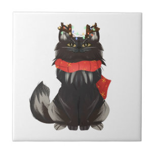 Azulejo Gato Maine Coon con Decoraciones de Navidad