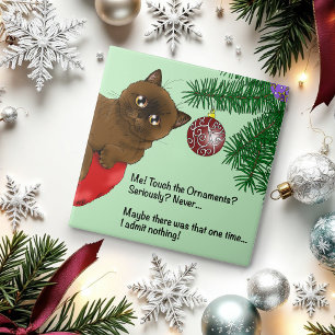Azulejo Gato Marrón de Navidad Divertido Verde Lindo Humor