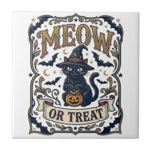 Azulejo Gato Miau o Truco Halloween Gato Espeluznante Vint