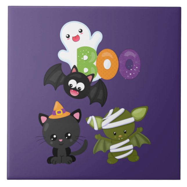 Azulejo Gato, murciélago, momia y fantasma de Halloween (Frente)