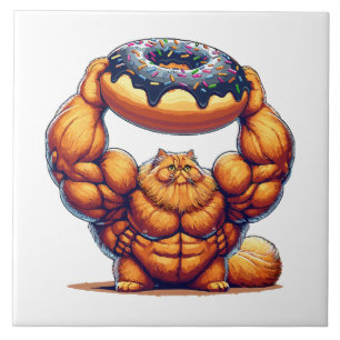 Azulejo Gato Musculoso Levantando Donut