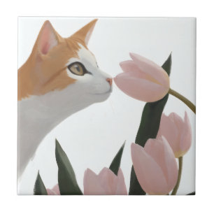 Azulejo Gato Naranja Dulce Tema de Primavera