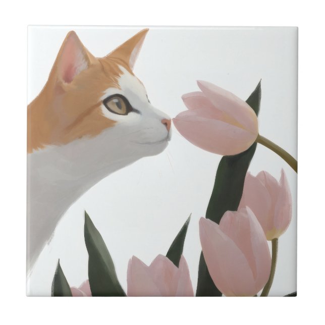 Azulejo Gato Naranja Dulce Tema de Primavera (Frente)