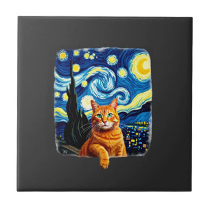 Azulejo Gato Naranja Selfie  Noche Estrellada Gato Mamá Am
