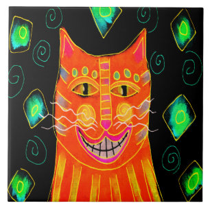 Azulejo Gato naranja sonriente pintura digital