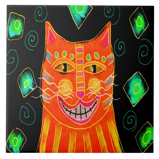 Azulejo Gato naranja sonriente pintura digital (Frente)