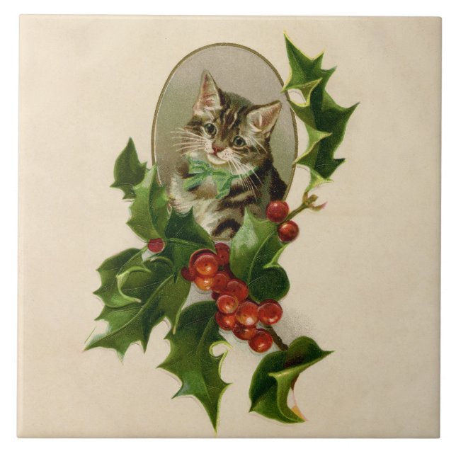Azulejo Gato Navidades Merry Holly Kitten Arte Antiguo (Frente)