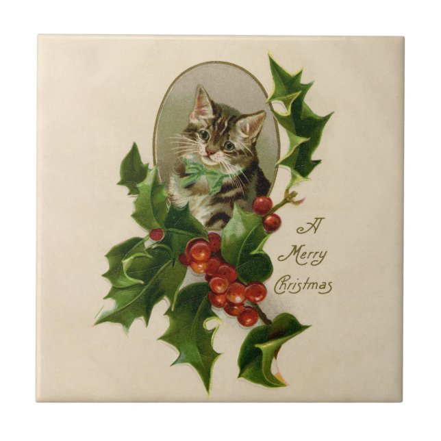 Azulejo Gato Navidades Merry Holly Kitten Arte Antiguo (Frente)