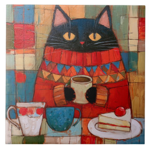 Azulejo Gato negro acogedor bebiendo café en un café