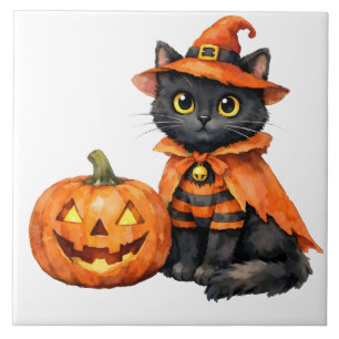 Azulejo Gato negro al aguarela con disfraz de Halloween 