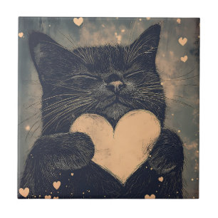 Azulejo Gato negro con corazón dorado - Amor acogedor del 