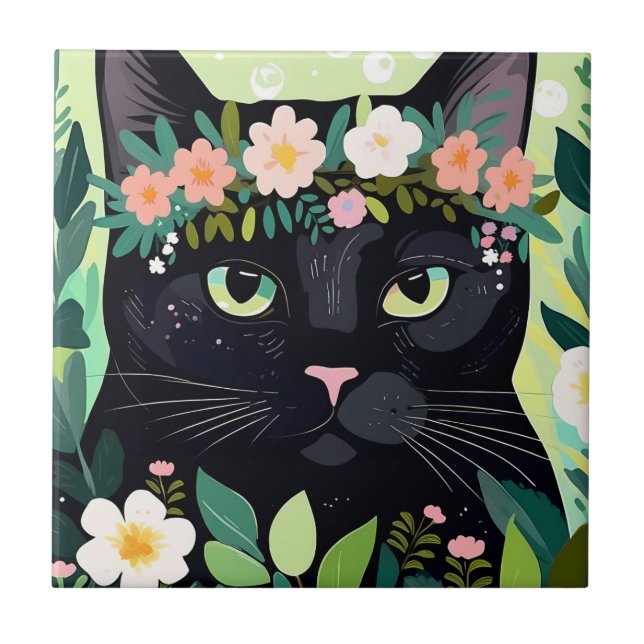 Azulejo Gato negro con corona floral (Frente)
