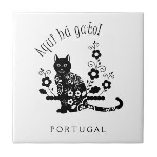 Azulejo Gato negro con flores y expresión portuguesa
