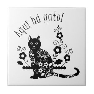 Azulejo Gato negro con flores y expresión portuguesa