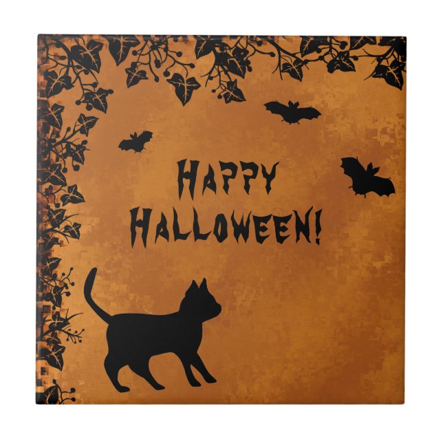 Azulejo Gato negro con murciélago, Feliz Halloween (Frente)