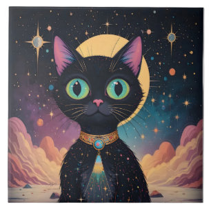 Azulejo Gato negro cósmico futurista atómico en luz de lun