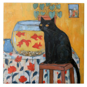 Azulejo Gato negro curioso mirando el acuario