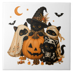 Azulejo Gato negro de calabaza de bruja de Halloween