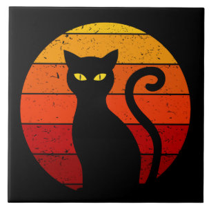 Azulejo Gato Negro de Halloween Atardecer Retro Vintage I
