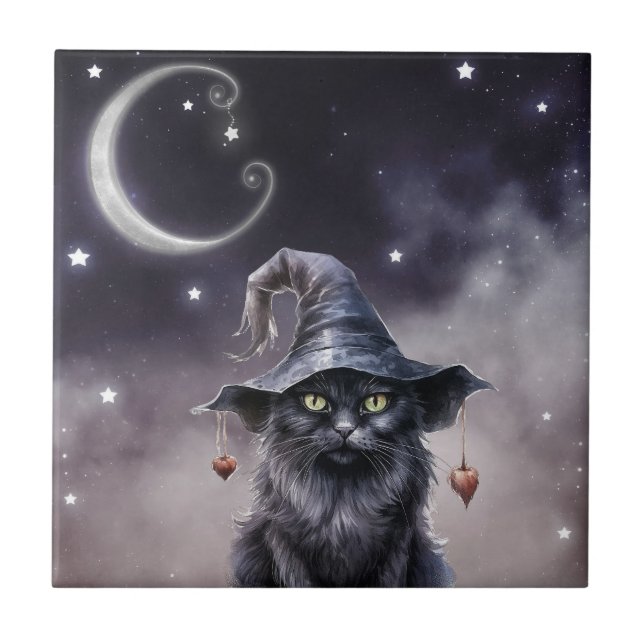 Azulejo Gato negro de Halloween con sombrero de bruja (Frente)
