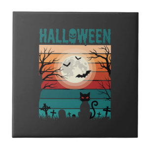 Azulejo Gato Negro De Halloween Luna Cementerio Retro Vect