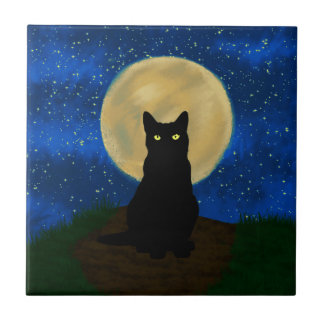 Azulejo Gato negro de Halloween Silueta bajo la luz de la