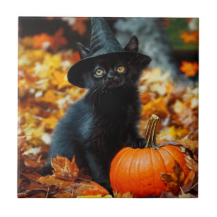 Azulejo Gato negro de Halloween y calabaza