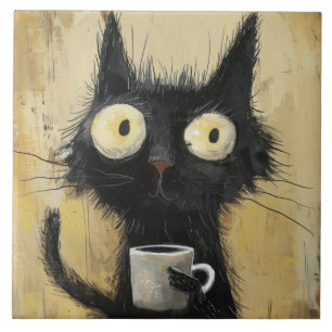 Azulejo Gato negro desgreñado con café sobre marrón grunge