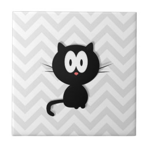 Azulejo Gato negro en chevron gris