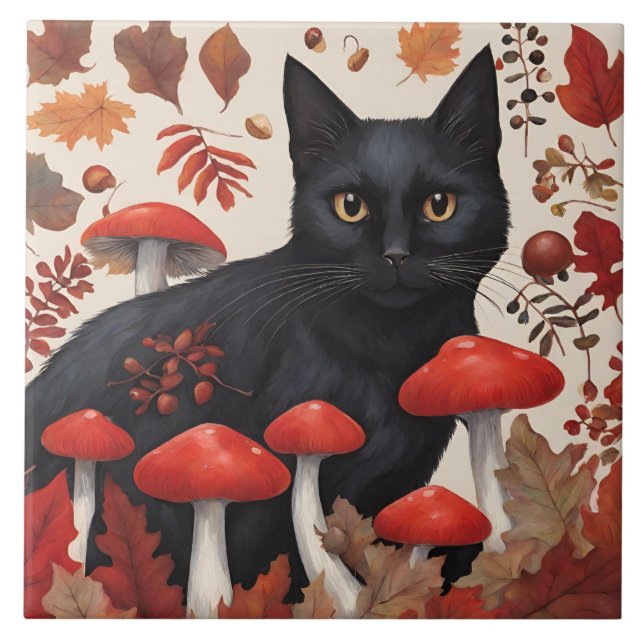 Azulejo Gato negro en el bosque de otoño (Frente)
