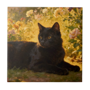 Azulejo Gato Negro en las Flores I