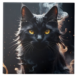 Azulejo Gato negro en una neblina de humo