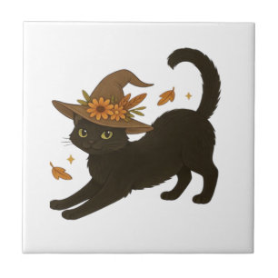 Azulejo Gato negro estirándose � Camiseta clásica de otoño