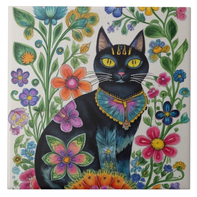 Azulejo Gato negro, flores, mariposas, arte nativo (Frente)