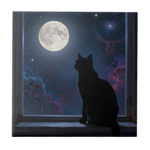 Azulejo Gato Negro Galaxia de Luna Llena Escena de Ventana