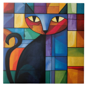 Azulejo Gato negro geométrico en vidrio emplomado en cuadr