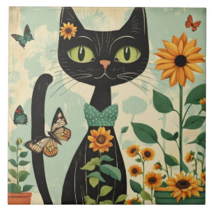 Azulejo Gato negro, girasoles, mariposas, arte nativo