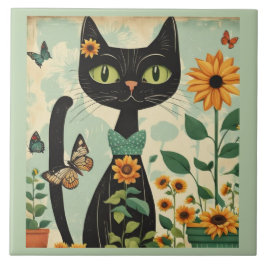Azulejo Gato negro, girasoles, mariposas, arte nativo