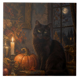 Azulejo Gato negro gótico iluminado por la luna de otoño