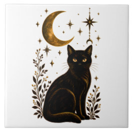 Azulejo Gato Negro Gótico Luna Celestial Botánica
