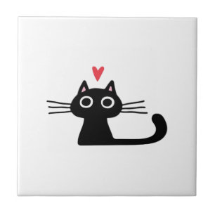 Azulejo Gato negro lindo con corazón  Gatito Valentín clás