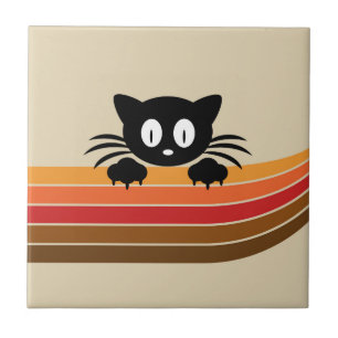Azulejo Gato negro lindo con rayas retro