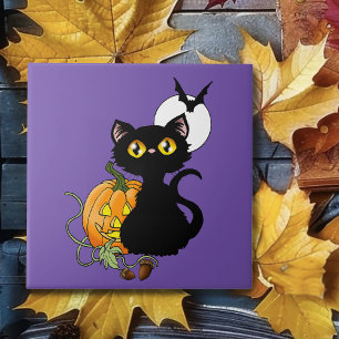 Azulejo Gato negro lindo púrpura espeluznante de Halloween