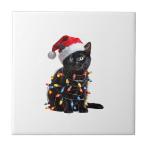 Azulejo Gato negro lindo Santa Luces de Navidad Meow gatit