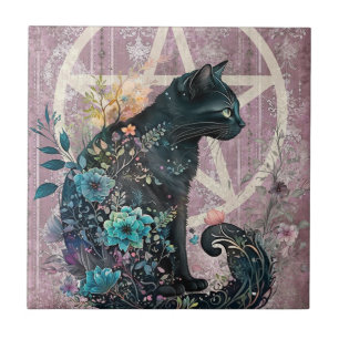 Azulejo Gato negro llamativo Flores de pentáculo de tonos