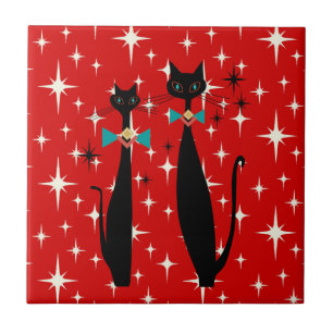 Azulejo Gato negro MCM moderno de la era atómica retro de